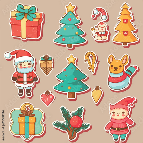A set of christmas decor  xmas attribute sticker collection elements. Winter holidays
