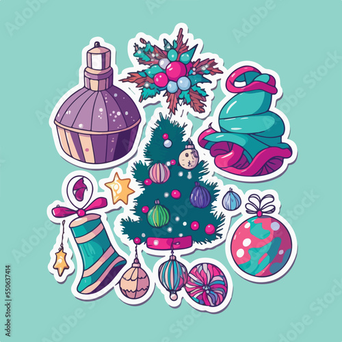 A set of christmas decor, xmas attribute sticker collection elements. Winter collection