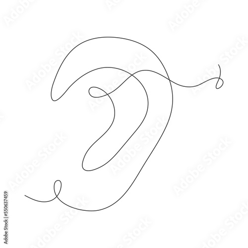 Ear continuous one line drawing. Hand drawn outline hear symbol. Vector illustration isolated on white.