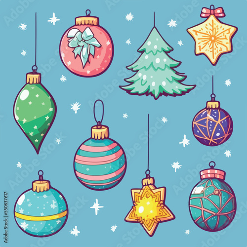 Christmas decoration sticker set, xmas attribute sticker collection with ornament. Multicolor