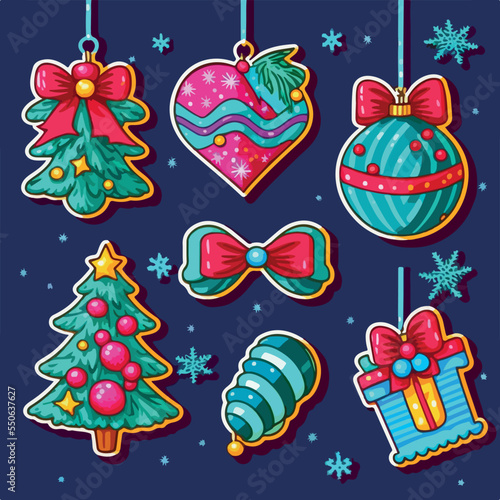 Christmas decoration sticker set, xmas attribute printable sticker collection sheet. Multicolor