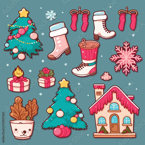 Christmas decoration sticker set, xmas attribute sticker collection. New-year holidays