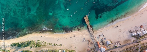 Beach and coast on Sal Island in Cape Verde, tropical Atlantic Ocean water from the drone
