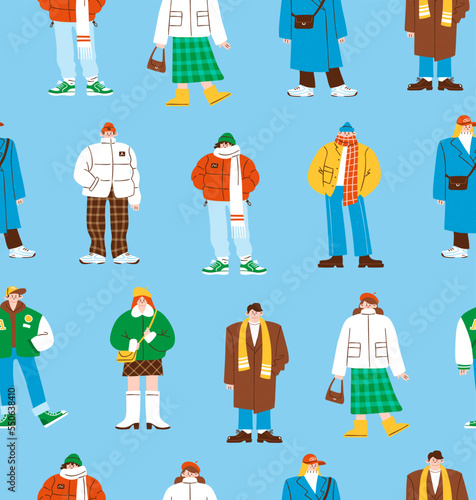 Winter fashion seamless pattern. Vector illustration of stylish people wearing casual clothes like coats, jackets, hats, scarves.Trendy outerwear in cute hand drawn style.