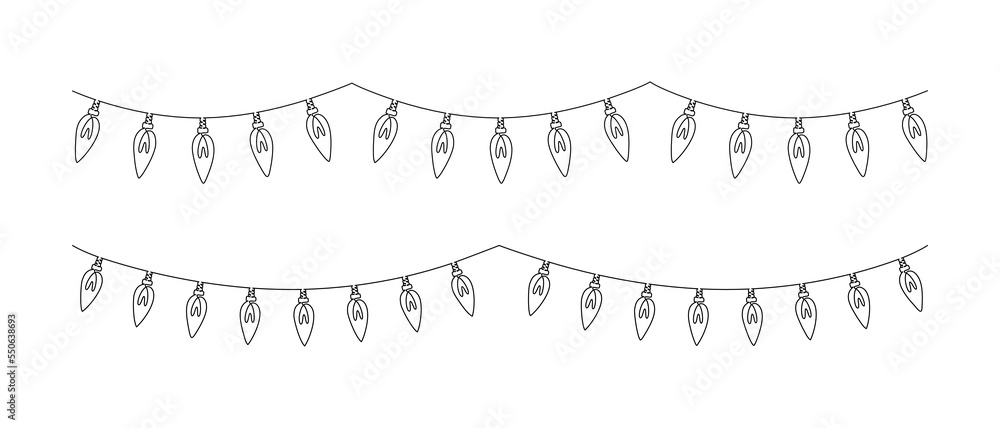 One continuous line drawing of Christmas garland with light bulbs. Festive festoon xmas string and divider border in simple linear style. Editable stroke. Doodle vector illustration