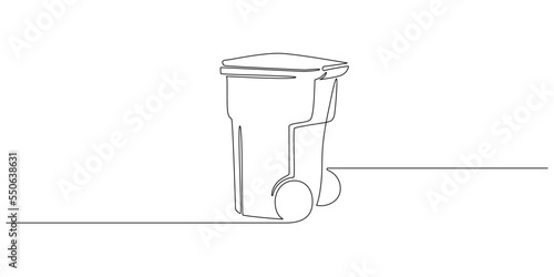 One continuous line drawing of garbage container. Plastic recycle waste dustbin in simple linear style. Trash box with close lid and empty space in editable stroke. Doodle vector illustration