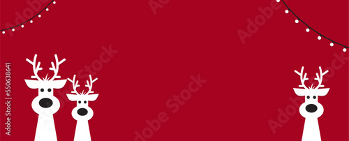 Cute Christmas reindeer on a red background. Christmas background, banner, or card.