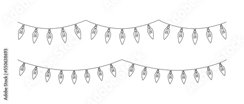 One continuous line drawing of Christmas garland with light bulbs. Festive festoon xmas string and divider border in simple linear style. Editable stroke. Doodle vector illustration