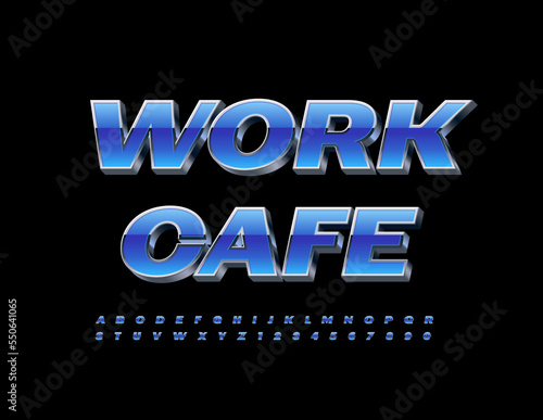 Vector modern Sign Work Cafe. Blue and Silver 3D Font. Trendy Alphabet Letters and Numbers. 