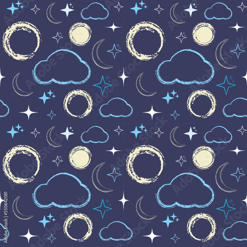 Hand drawn chalk seamless pattern Night sky Cloud, moon, stars Vector illustration