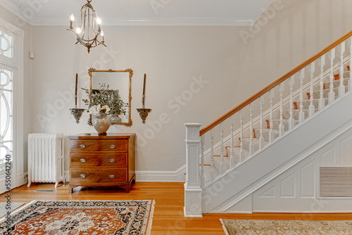 Canvas Print Entryway interior historic foyer traditional decor window white railing rowhome