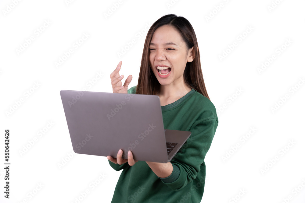 Shocked young adult asian woman working on laptop compute isolated white background. Shocked young adult asian woman working on laptop compute isolated white background.
