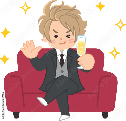 ソファーに座ってシャンパンを持つホストの男性