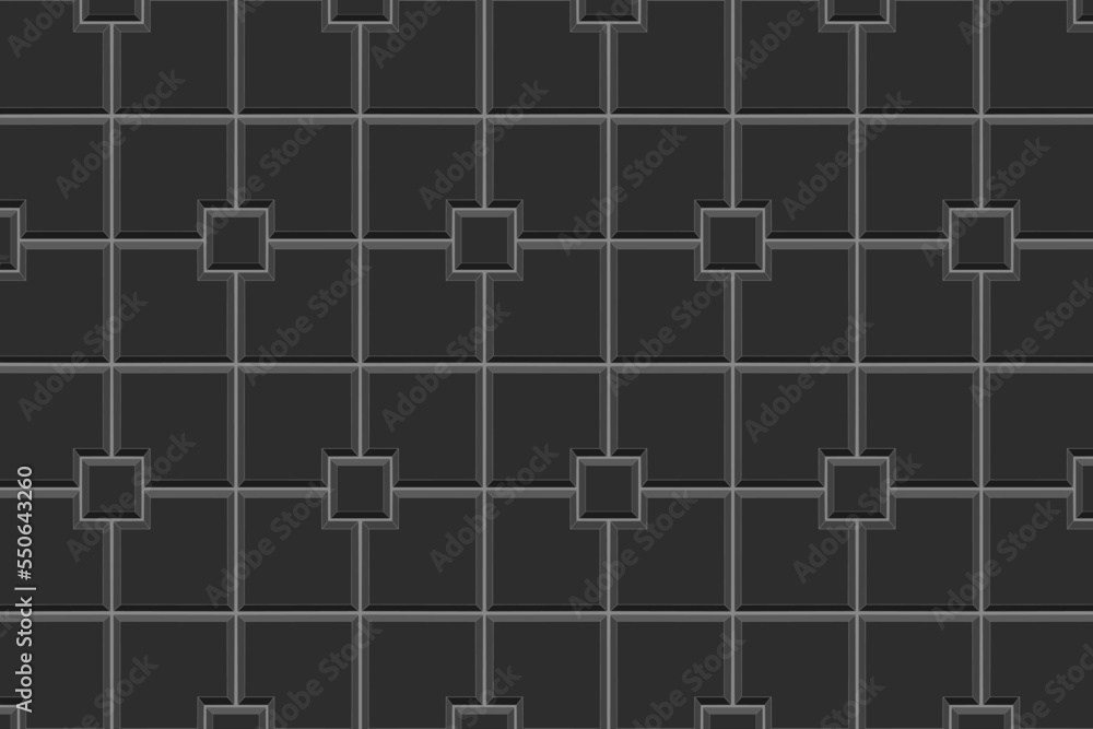 Black sidewalk square tile background. Stone or ceramic brick wall texture. Kitchen backsplash mosaic surface. Shower, toilet or bathroom floor seamless pattern. Vector flat illustration