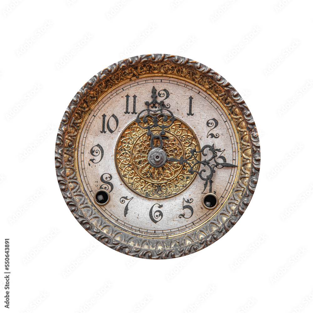 Old vintage round clock isolated on white background.