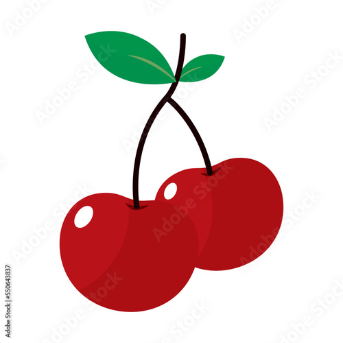 Fresh Cherries with leaf. Vector illustration. Shiny delicious cherry. Delicious fruit with vitamins. two red and sweet cherries. Cherry couple. Market fruits. Healthy nutrition.