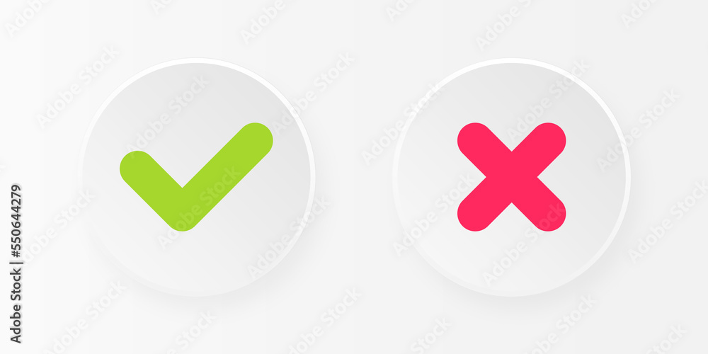 Checkmark and cross signs. Symbols YES and NO button for vote, decision, election choice icon. Checkmark and cross signs. Symbols YES and NO button for vote, decision, election choice icon.