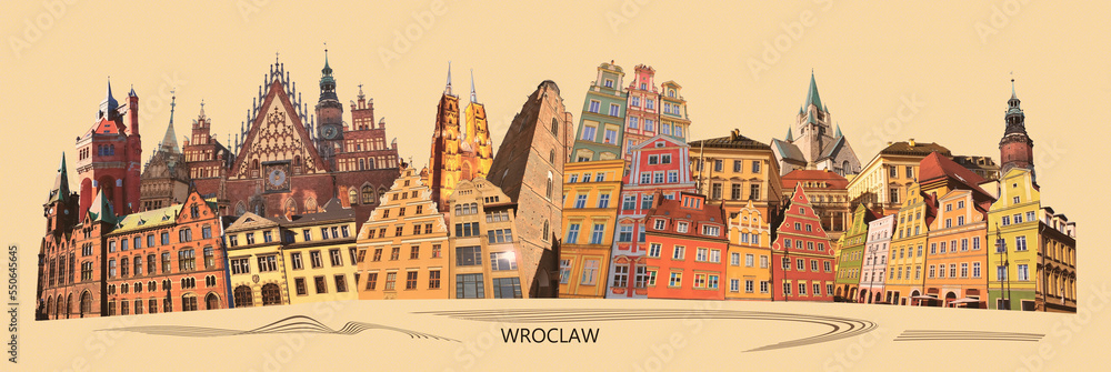 European city in art collage or design in modern contemporary retro style of Wroclaw - Poland