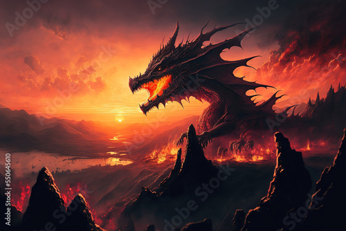 A huge lava dragon monster in a cliffy dark wasteland, orange sky