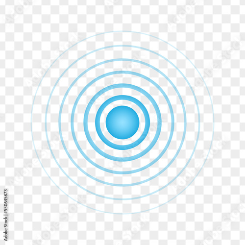 Blue point with concentric circles. Radar signal, sound or sonar wave sign on transparent background. Symbol of aim, target, healing, hurt, painkilling. Round localization icon. Vector illustration