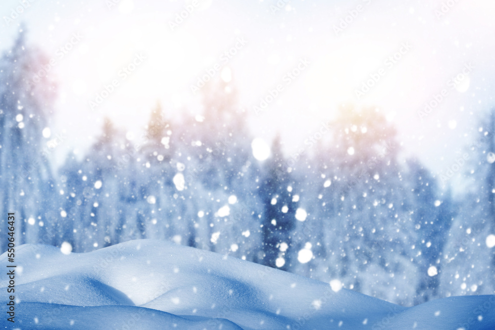 Christmas winter background with snow and blurred bokeh.Merry christmas and happy new year greeting card. Frozen winter forest with snow covered trees. Christmas winter background with snow and blurred bokeh.Merry christmas and happy new year greeting card. Frozen winter forest with snow covered trees.