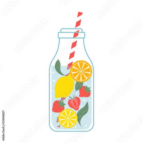 A bottle of infused water with fruit slices.