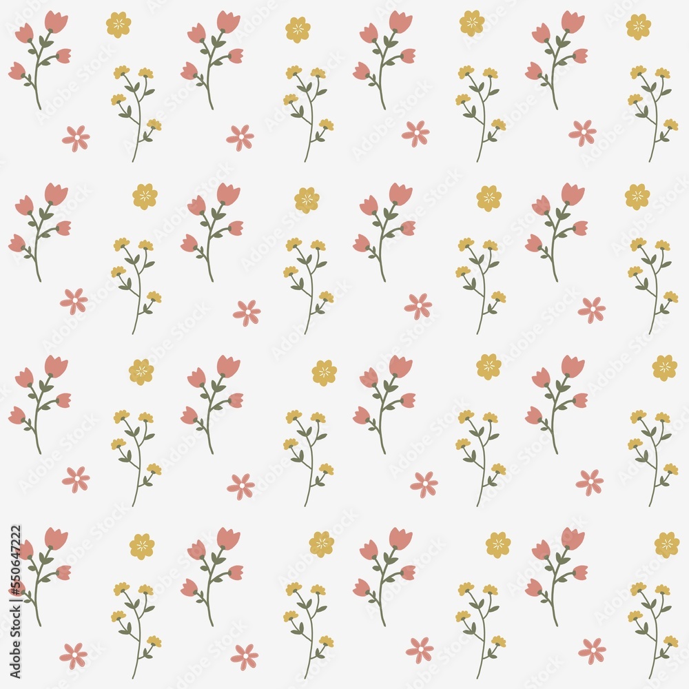 Floral Seamless Pattern With White Background. Botanical Seamless Pattern. Cute Design Of Flower And Leaves