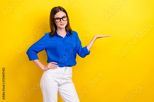 Photo of confident calm business lady wear blue shirt hold palm empty space best proposition solution problem isolated on yellow color background