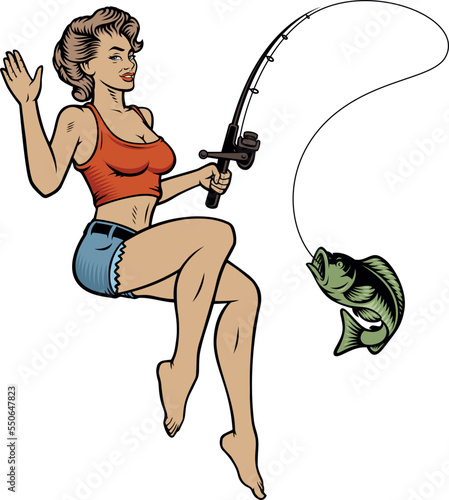 Colour vector fishing trip illustration with a pin up girl