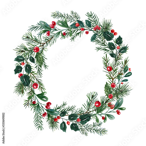 Festive holiday frame watercolor illustration. Christmas greenery and holly wreath, isolated on white background.