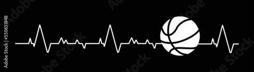 Heartbeat pulse line with basketball on black background.