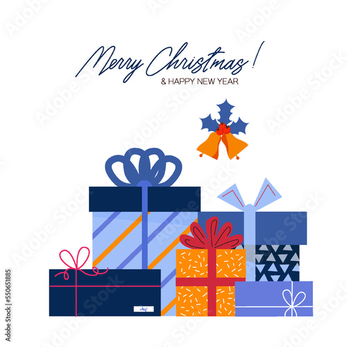 Merry Christmas and Happy New Year design. Flat gifts boxes with bows. Gift box decorative festive object. Winter Holiday poster, flyer. Xmas greeting card.