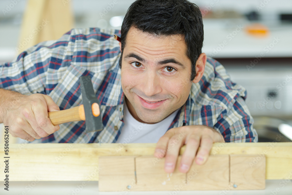 handsome smiling workman using a hammer handsome smiling workman using a hammer