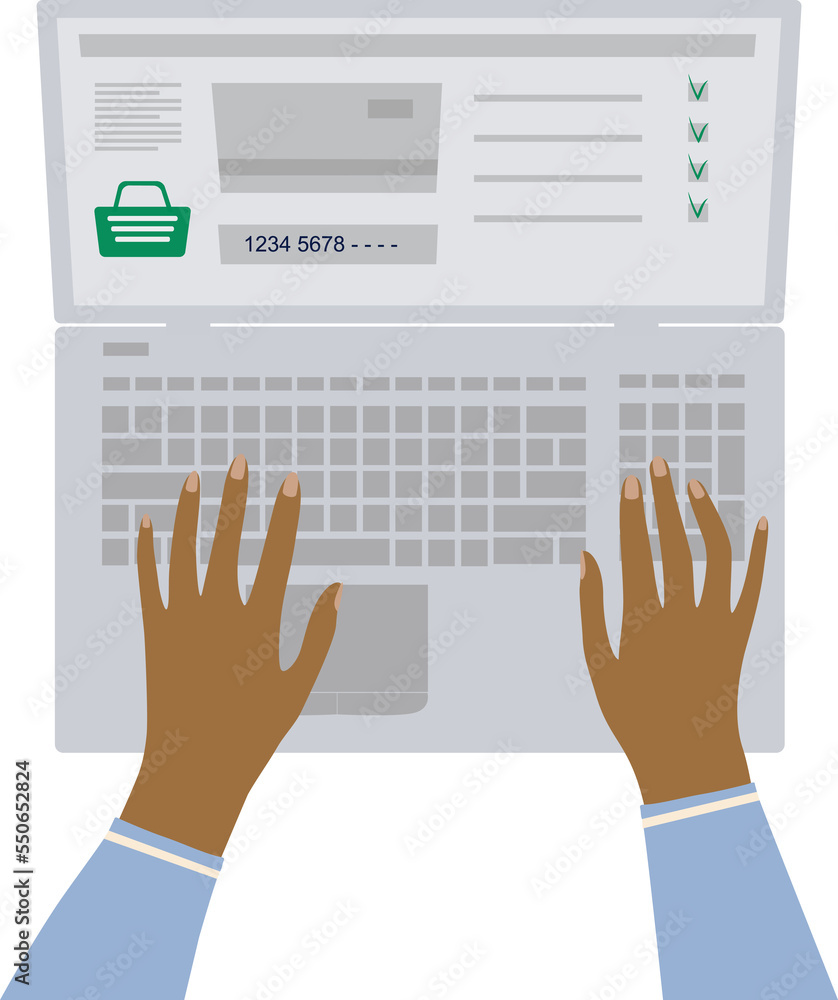 Paying for products at home. Hands and laptop. Human sitting at a laptop and enters bank card details to pay for purchases. Paying for products at home. Hands and laptop. Human sitting at a laptop and enters bank card details to pay for purchases.