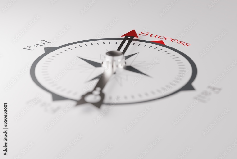Compass pointing in the direction of success. The concept of winning, achieving success. A compass showing the direction of success instead of fail. 3D render, 3D illustration. Compass pointing in the direction of success. The concept of winning, achieving success. A compass showing the direction of success instead of fail. 3D render, 3D illustration.