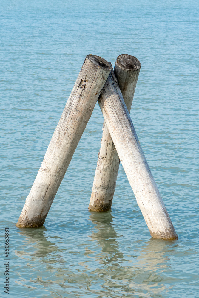 The old wooden piles of the pier in the sea are fastened together,