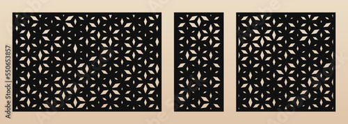 Decorative panels for laser cutting. Cutout silhouette with abstract geometric pattern, floral silhouettes, diamonds. Laser cut stencil for wood, metal, plastic, paper. Aspect ratio 3:2, 1:2, 1:1