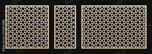 Laser cut pattern. Vector template with abstract geometric texture in oriental style, floral grid ornament. Decorative panel for laser cutting of wood, metal, plastic. Aspect ratio 1:1, 1:2, 3:2