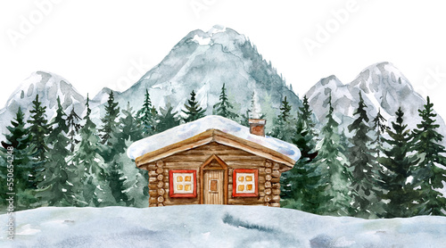 Winter scene illustration with wood log cabin among pine tree forest. Watercolor landscape with woodland and mountains.
