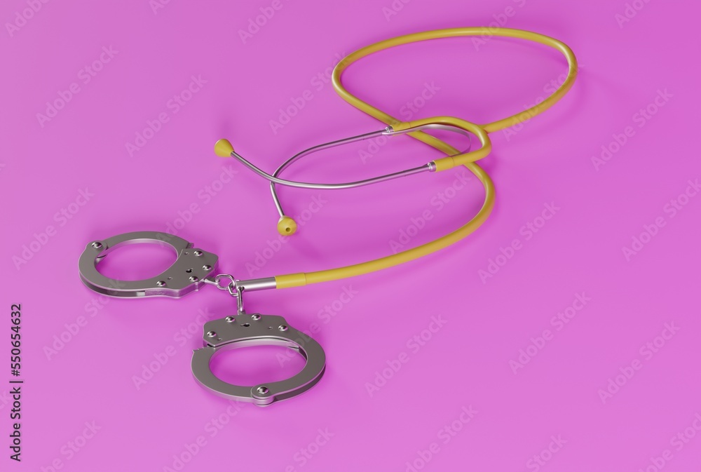 Fototapeta premium Stethoscope ended with handcuffs. Medical crime concept, doctors problems. Judgments for doctors, medical workers. 3d redner, 3d illustration.