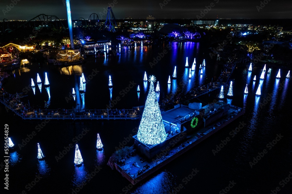 Naklejka premium SeaWorld Christmas light show in Orlando (Florida) taken with a drone from the air