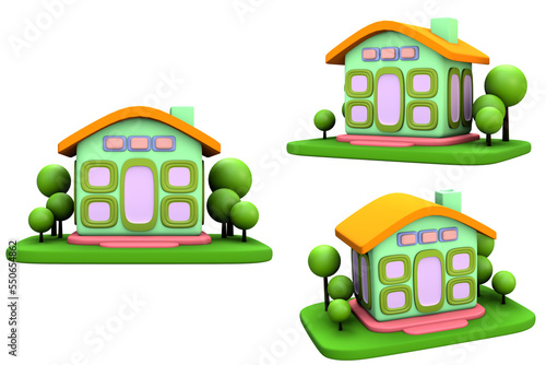 3D RENDERING PNG ILLUSTRATION Cute modern home house pastel perspective minimal cartoon graphic toy model style on isolated white background