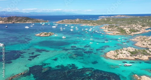 Aerial view of islands and tourists boats in the La Maddalena Archipelago in Costa Smeralda, Sardinia, Italy. photo