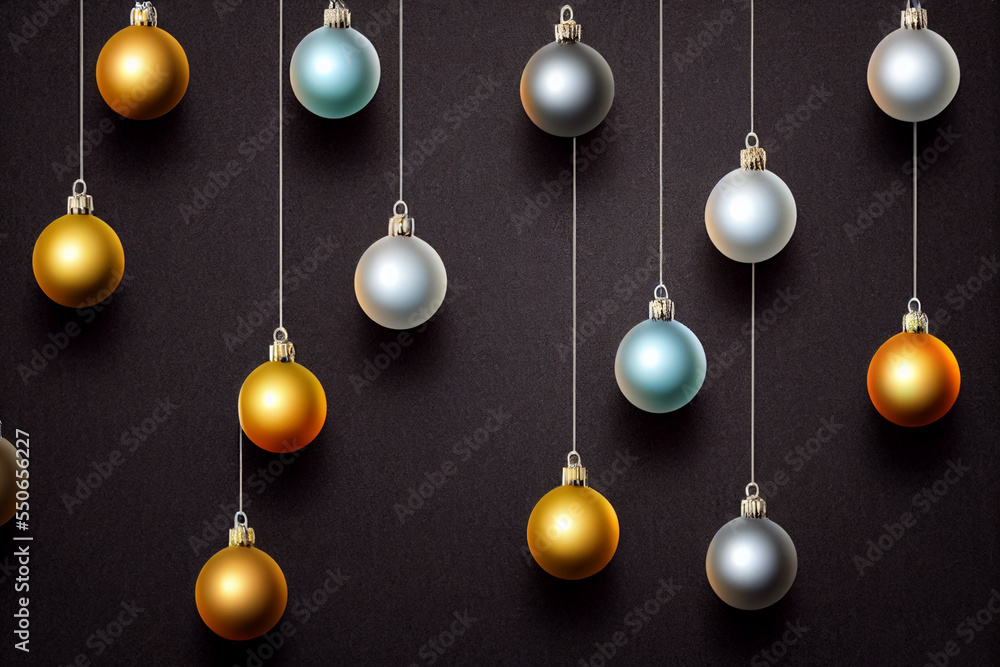 White, yellow, blue Christmas balls hang side by side, decorations. Holiday new year. Black background White, yellow, blue Christmas balls hang side by side, decorations. Holiday new year. Black background
