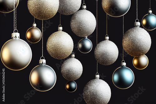 Christmas white, yellow, blue balls. New Year's Eve decorations, festive balls hanging. Black background