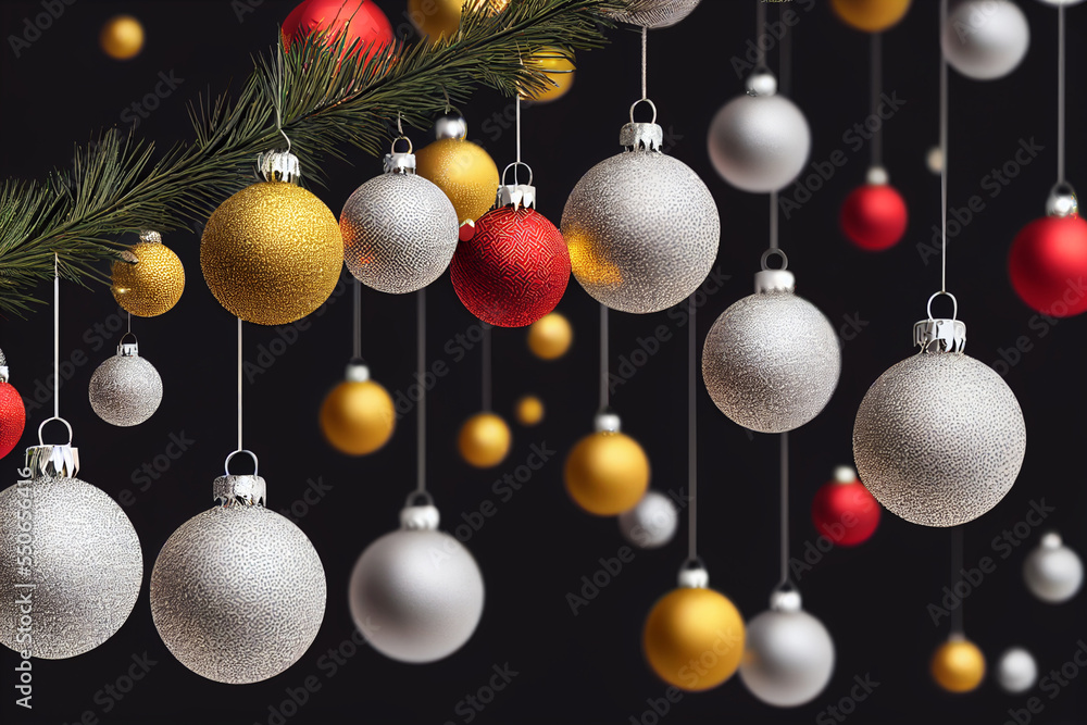 Red, white and yellow balls hanging for Christmas. New Year Celebrations with garland decorations. Black background Red, white and yellow balls hanging for Christmas. New Year Celebrations with garland decorations. Black background