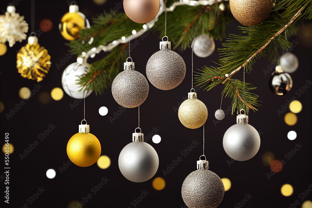 Balls white, yellow balls hanging, Christmas decorations, balls, garland, near. Black background Balls white, yellow balls hanging, Christmas decorations, balls, garland, near. Black background