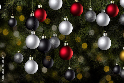 Christmas background, red, white balls hanging near the garland, ornaments. Black background