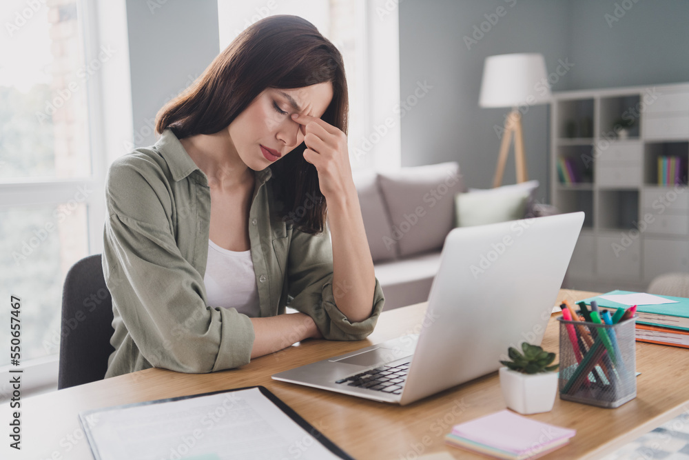 Photo of sad upset lady have headache director international company use netbook lost money finance profit income home indoor workstation Photo of sad upset lady have headache director international company use netbook lost money finance profit income home indoor workstation