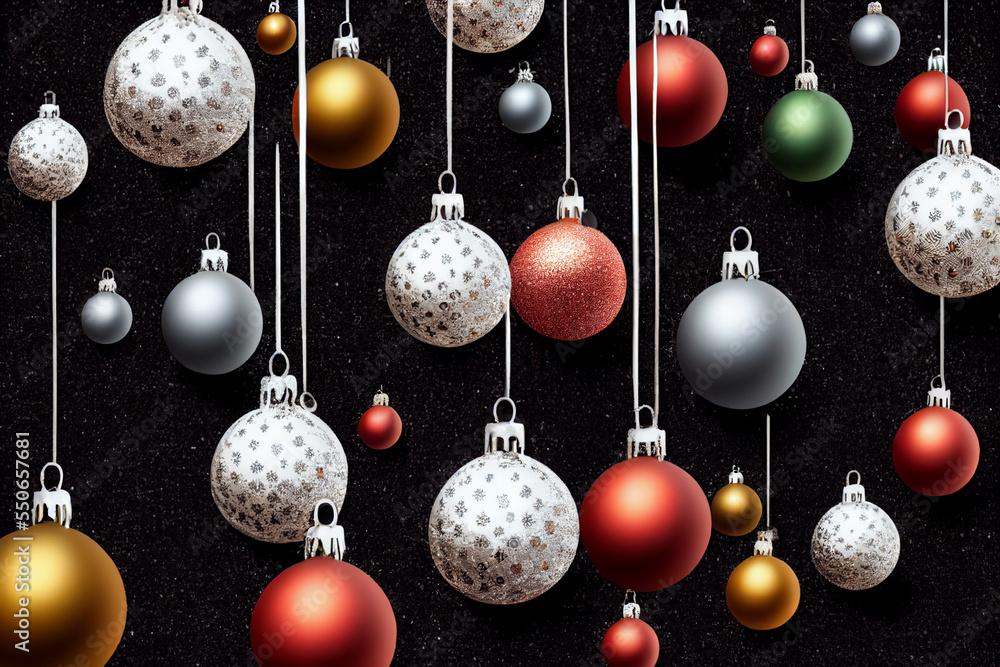 Christmas red, white, yellow balls. New Year's decorations, red, white, yellow hanging . Black background Christmas red, white, yellow balls. New Year's decorations, red, white, yellow hanging . Black background